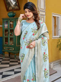 Chic Blue Thread Embroidered Silk Event Wear Saree With Blouse - Ethnic Plus In
