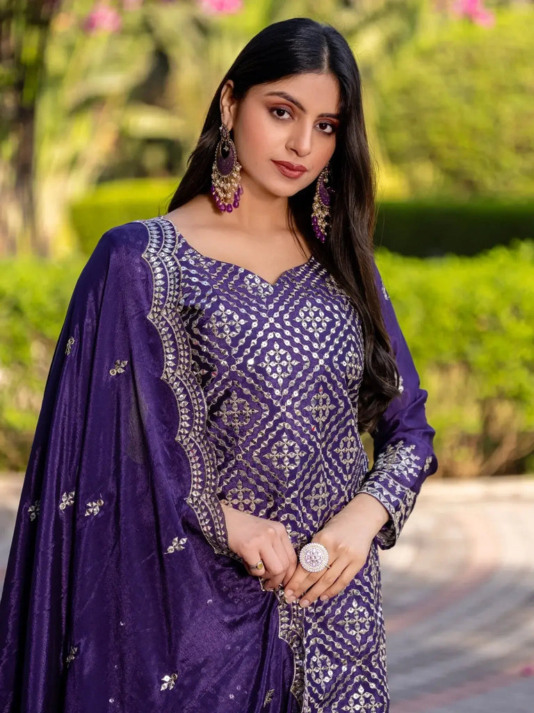 Chic Purple Chinon Sequins Work Engagement Wear Palazzo Suit - Ethnic Plus In