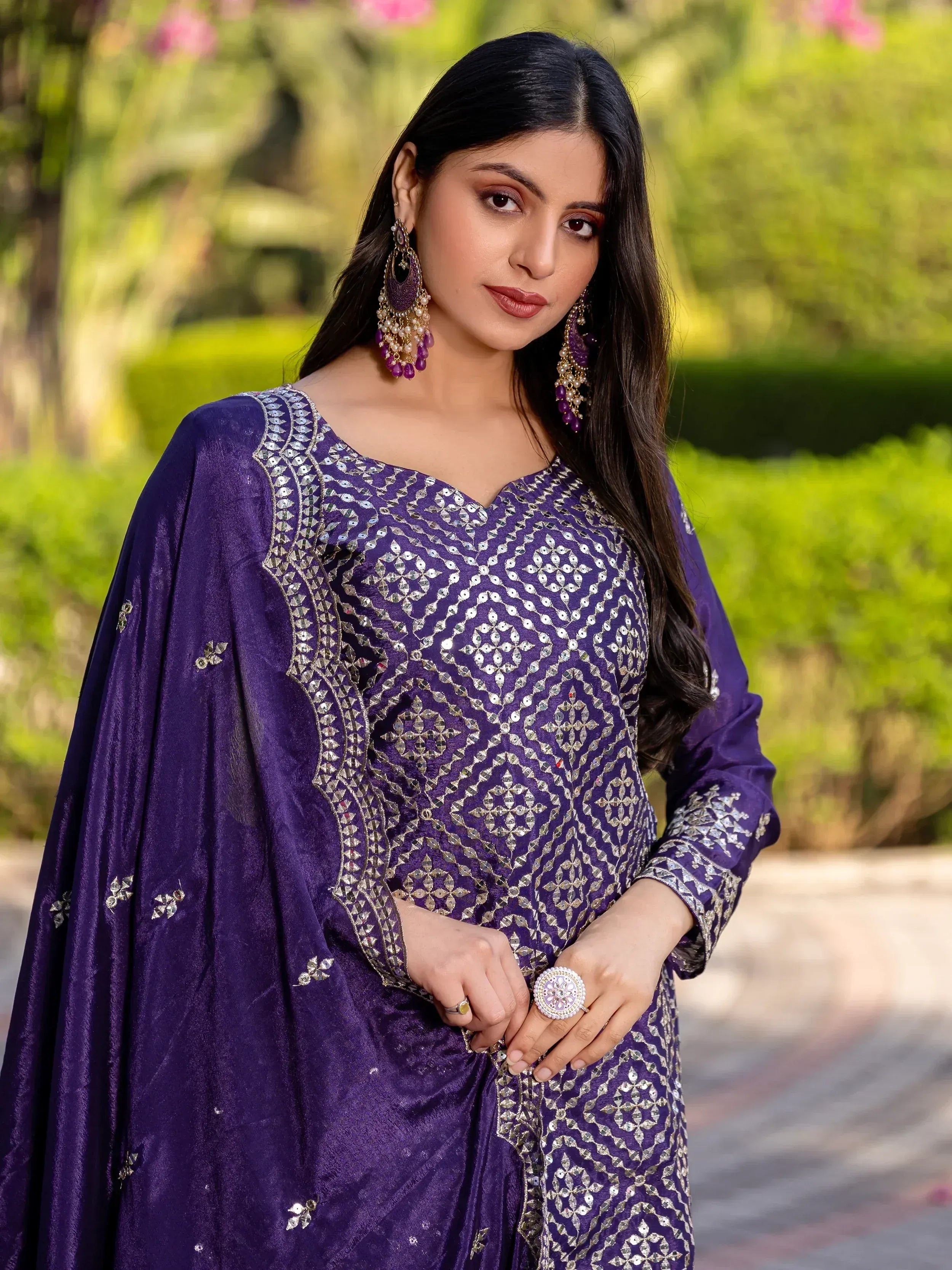 Purple ethnic gown with mirror work, perfect for Indian festive occasions and weddings