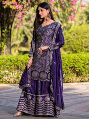 Chic Purple Chinon Sequins Work Engagement Wear Palazzo Suit - Ethnic Plus In