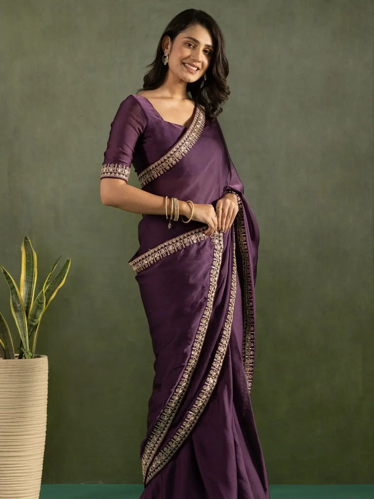Chic Purple Lace Bordered Chiffon Pre - Pleated Saree - Ethnic Plus In