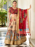 Classic Cream Kalamkari Print Dola Silk Festive Wear Lehenga Choli - Ethnic Plus In