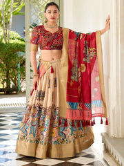Classic Cream Kalamkari Print Dola Silk Festive Wear Lehenga Choli - Ethnic Plus In