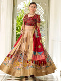 Classic Cream Kalamkari Print Dola Silk Festive Wear Lehenga Choli - Ethnic Plus In