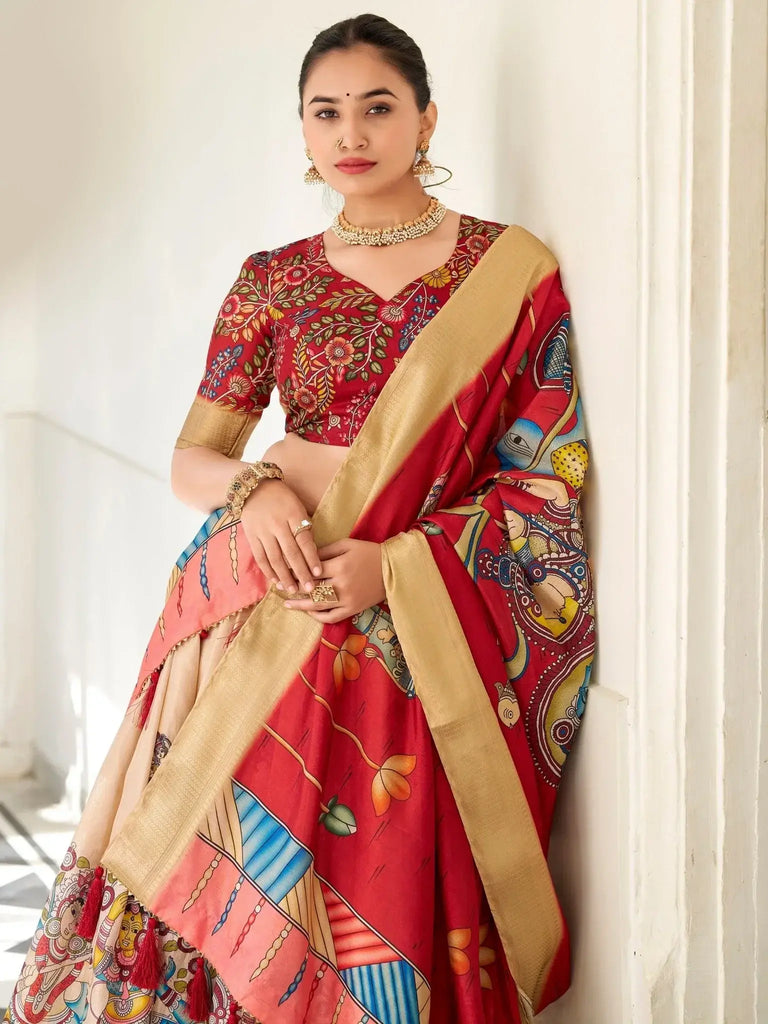 Classic Cream Kalamkari Print Dola Silk Festive Wear Lehenga Choli - Ethnic Plus In