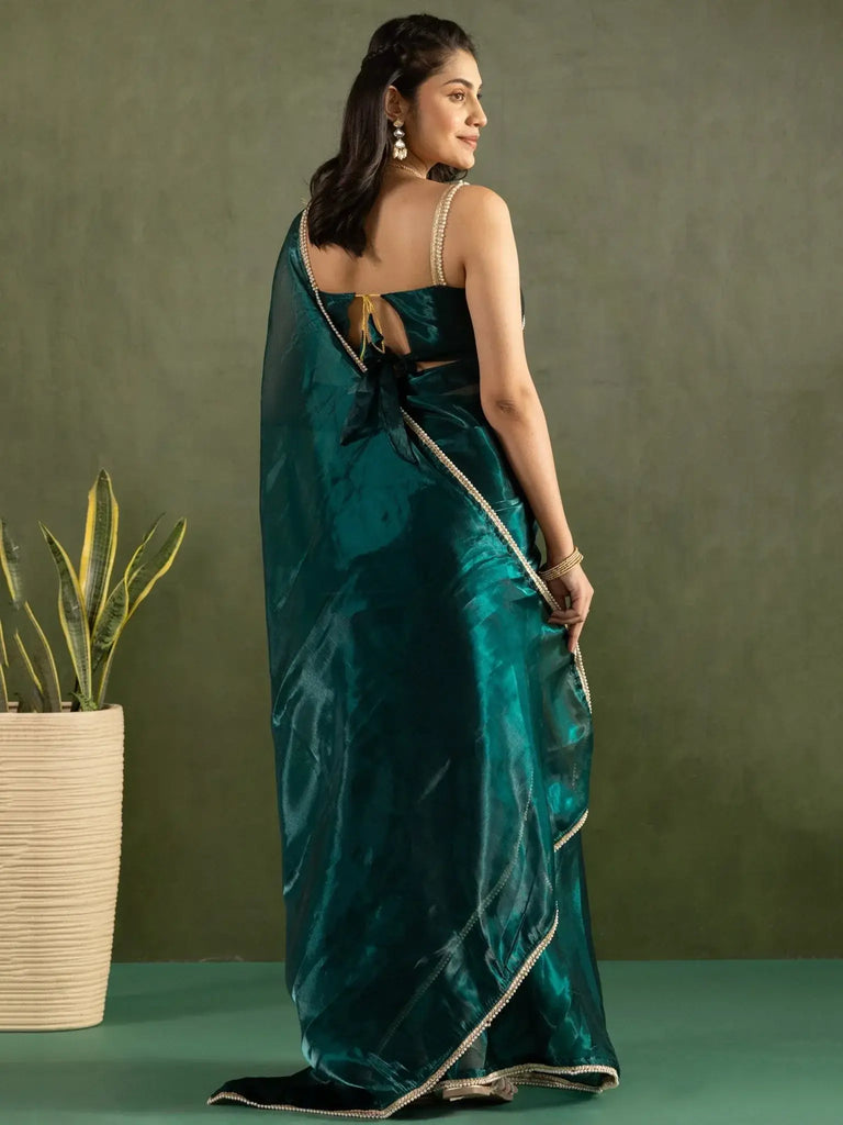 Classy Dark Green Lace Bordered Chiffon Ready To Drape Saree - Ethnic Plus In