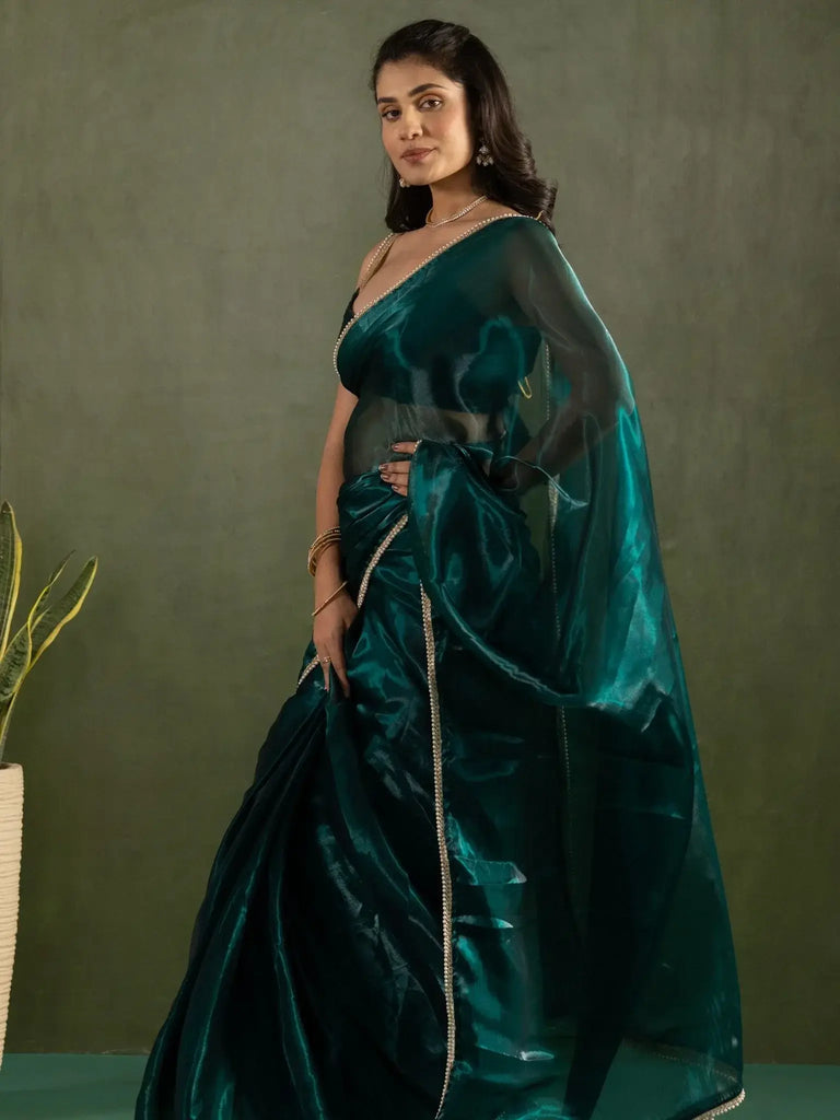 Classy Dark Green Lace Bordered Chiffon Ready To Drape Saree - Ethnic Plus In