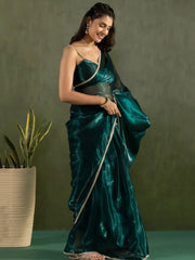 Classy Dark Green Lace Bordered Chiffon Ready To Drape Saree - Ethnic Plus In