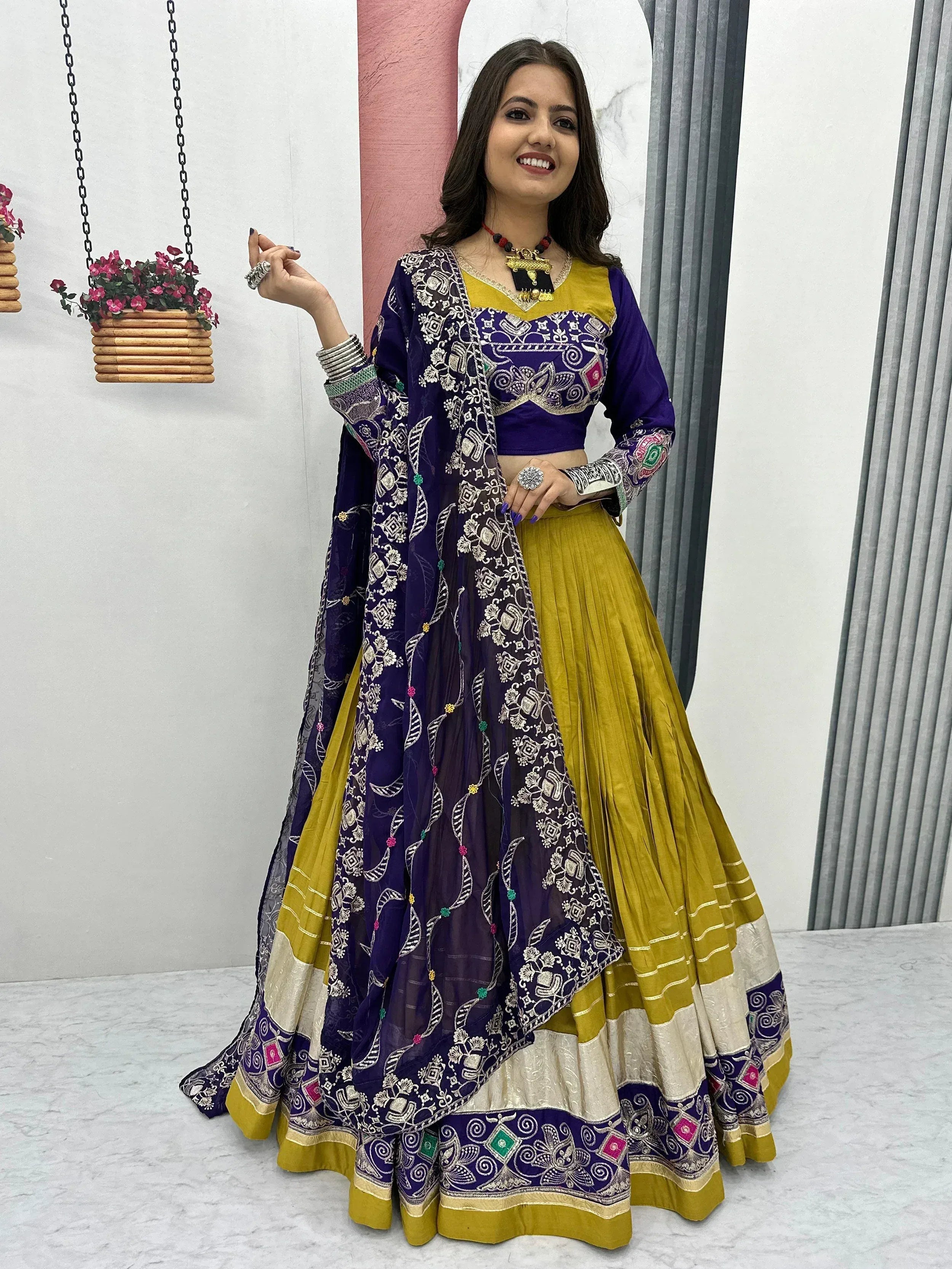 Purple and mustard yellow embroidered lehenga choli with dupatta, Indian ethnic wear for women