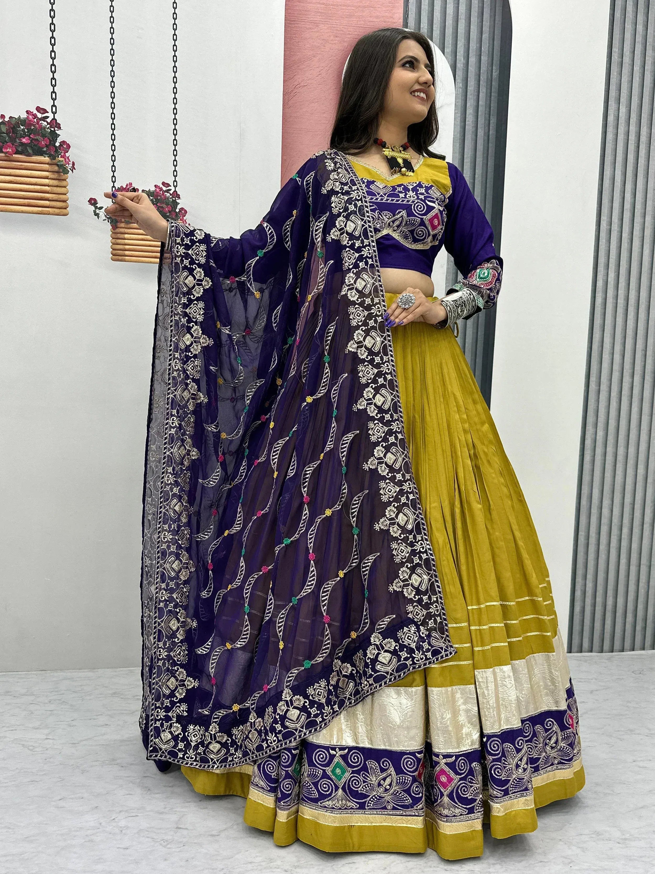 Purple and mustard embroidered lehenga choli with dupatta, Indian ethnic wear for women