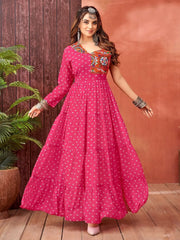 Classy Rani Pink Georgette Bandhani Printed Navratri Wear Gown - Ethnic Plus In