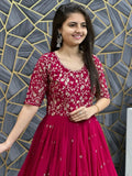 Classy Red Georgette Thread Embroidered Gown With Dupatta - Ethnic Plus In