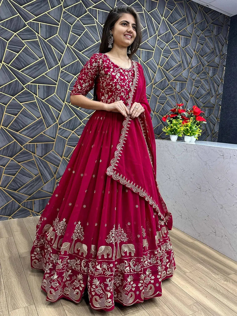 Classy Red Georgette Thread Embroidered Gown With Dupatta - Ethnic Plus In