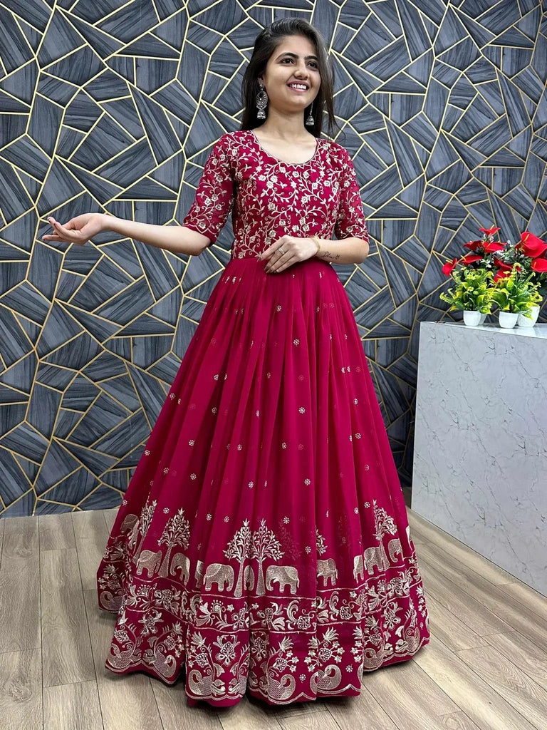 Classy Red Georgette Thread Embroidered Gown With Dupatta - Ethnic Plus In