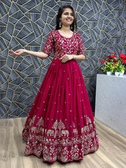 Classy Red Georgette Thread Embroidered Gown With Dupatta - Ethnic Plus In