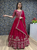 Classy Red Georgette Thread Embroidered Gown With Dupatta - Ethnic Plus In