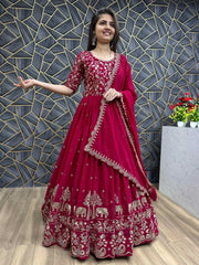 Classy Red Georgette Thread Embroidered Gown With Dupatta - Ethnic Plus In