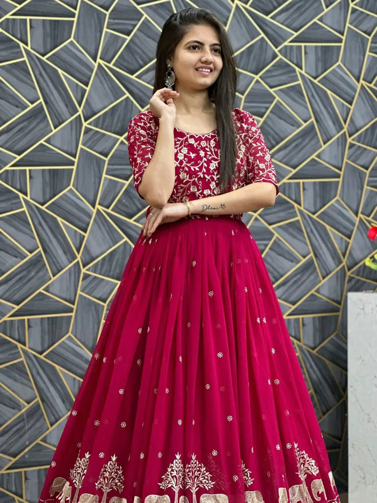 Classy Red Georgette Thread Embroidered Gown With Dupatta - Ethnic Plus In