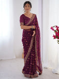 Classy Wine Embroidered Lace Georgette Party Wear Saree With Blouse - Ethnic Plus In