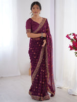Classy Wine Embroidered Lace Georgette Party Wear Saree With Blouse