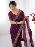 Classy Wine Embroidered Lace Georgette Party Wear Saree With Blouse - Ethnic Plus In