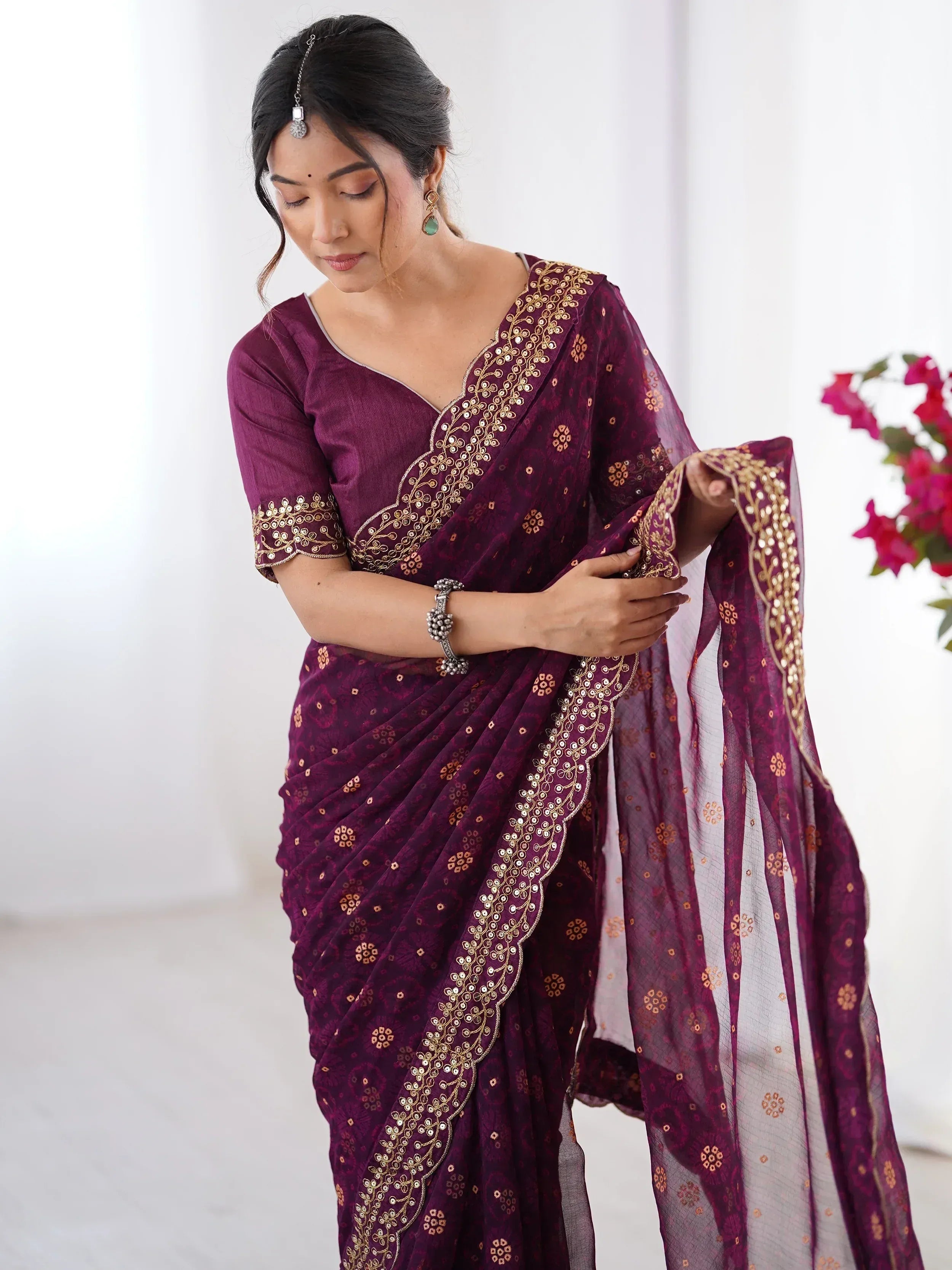 Classy Wine Embroidered Lace Georgette Party Wear Saree With Blouse - Ethnic Plus In