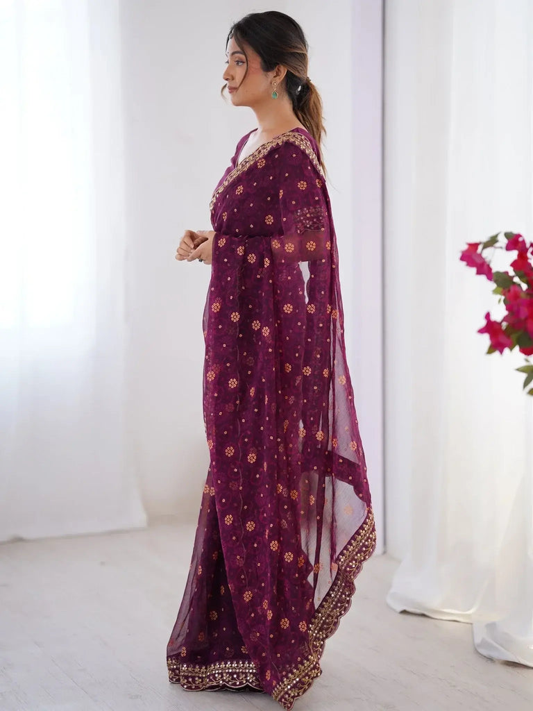 Classy Wine Embroidered Lace Georgette Party Wear Saree With Blouse - Ethnic Plus In
