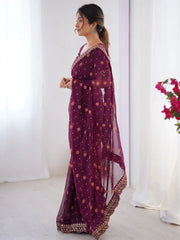 Classy Wine Embroidered Lace Georgette Party Wear Saree With Blouse - Ethnic Plus In