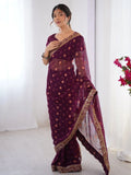 Classy Wine Embroidered Lace Georgette Party Wear Saree With Blouse - Ethnic Plus In