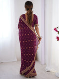 Classy Wine Embroidered Lace Georgette Party Wear Saree With Blouse - Ethnic Plus In