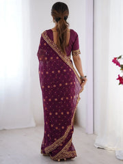 Classy Wine Embroidered Lace Georgette Party Wear Saree With Blouse - Ethnic Plus In