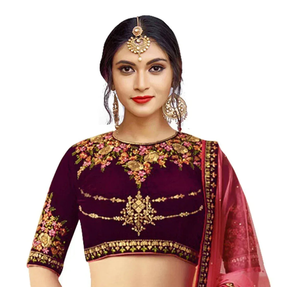 Maroon velvet designer blouse with floral embroidery and gold detailing, paired with pink dupatta for ethnic wear