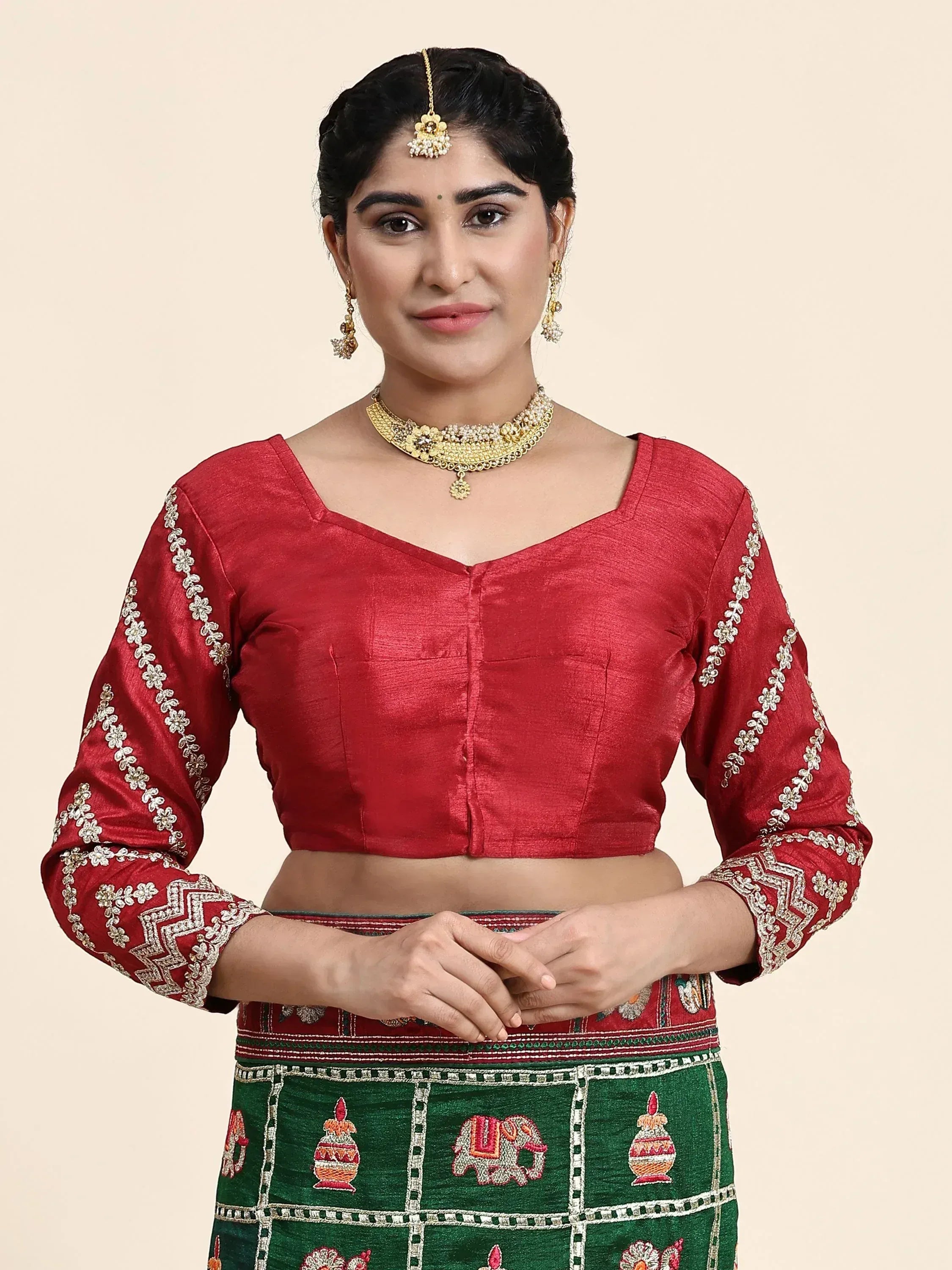 Red embroidered blouse with green lehenga, Indian ethnic wear, traditional designer outfit