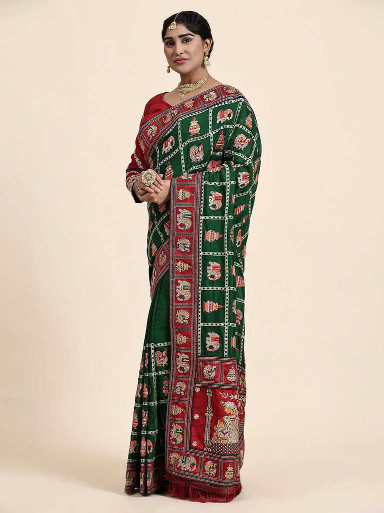 Charming Green Embroidery Silk Wedding Wear Saree With Blouse