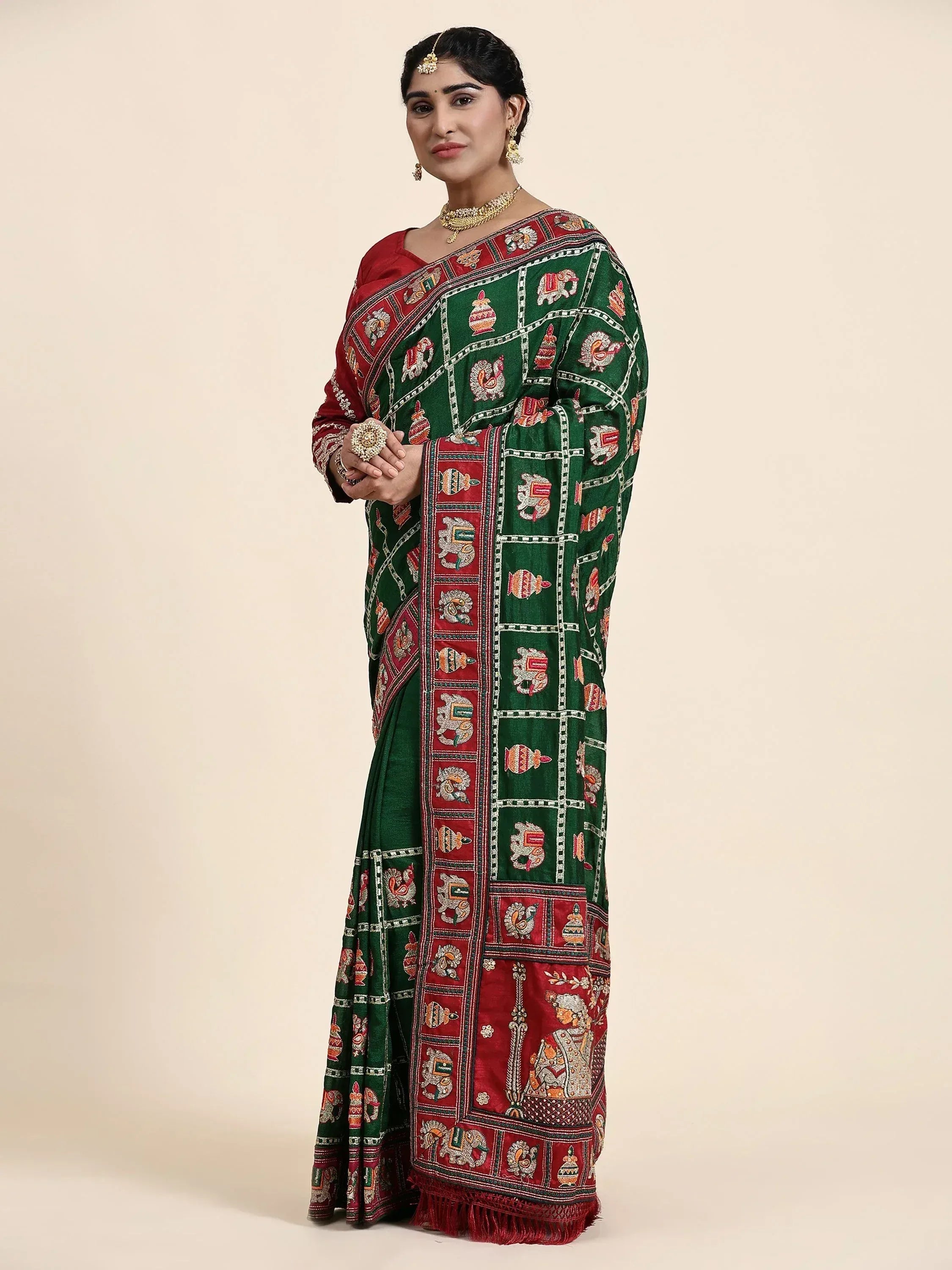 Green and red embroidered saree with elephant and temple motifs, Indian ethnic wear