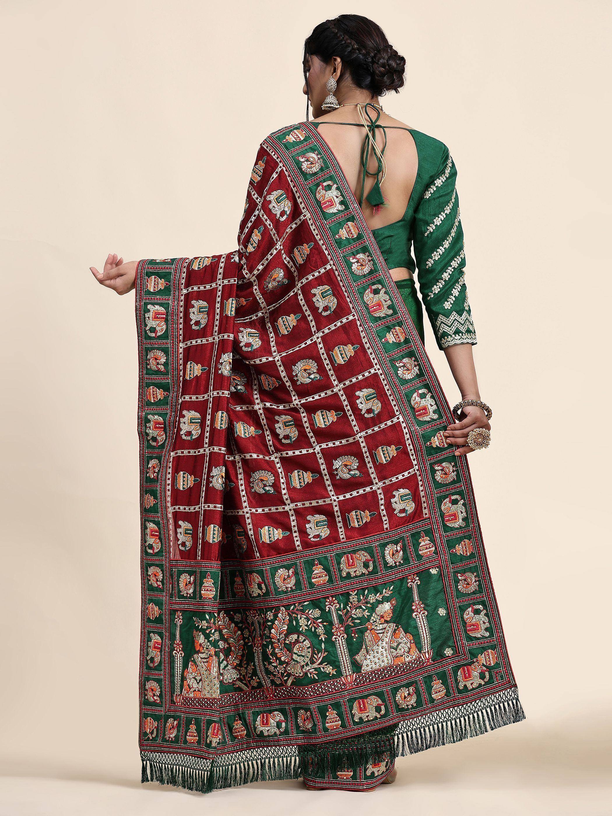 Green and maroon embroidered saree with elephant motifs, back view, Indian ethnic wear