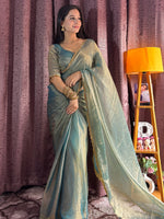 Contemporary Blue Soft Silk Beads Hand Work Saree With Blouse