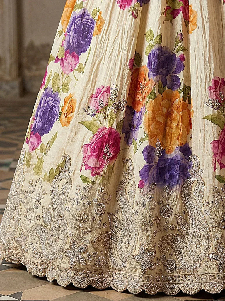 Stunning Cream Floral Printed Wedding Wear Lehenga Choli With Dupatta
