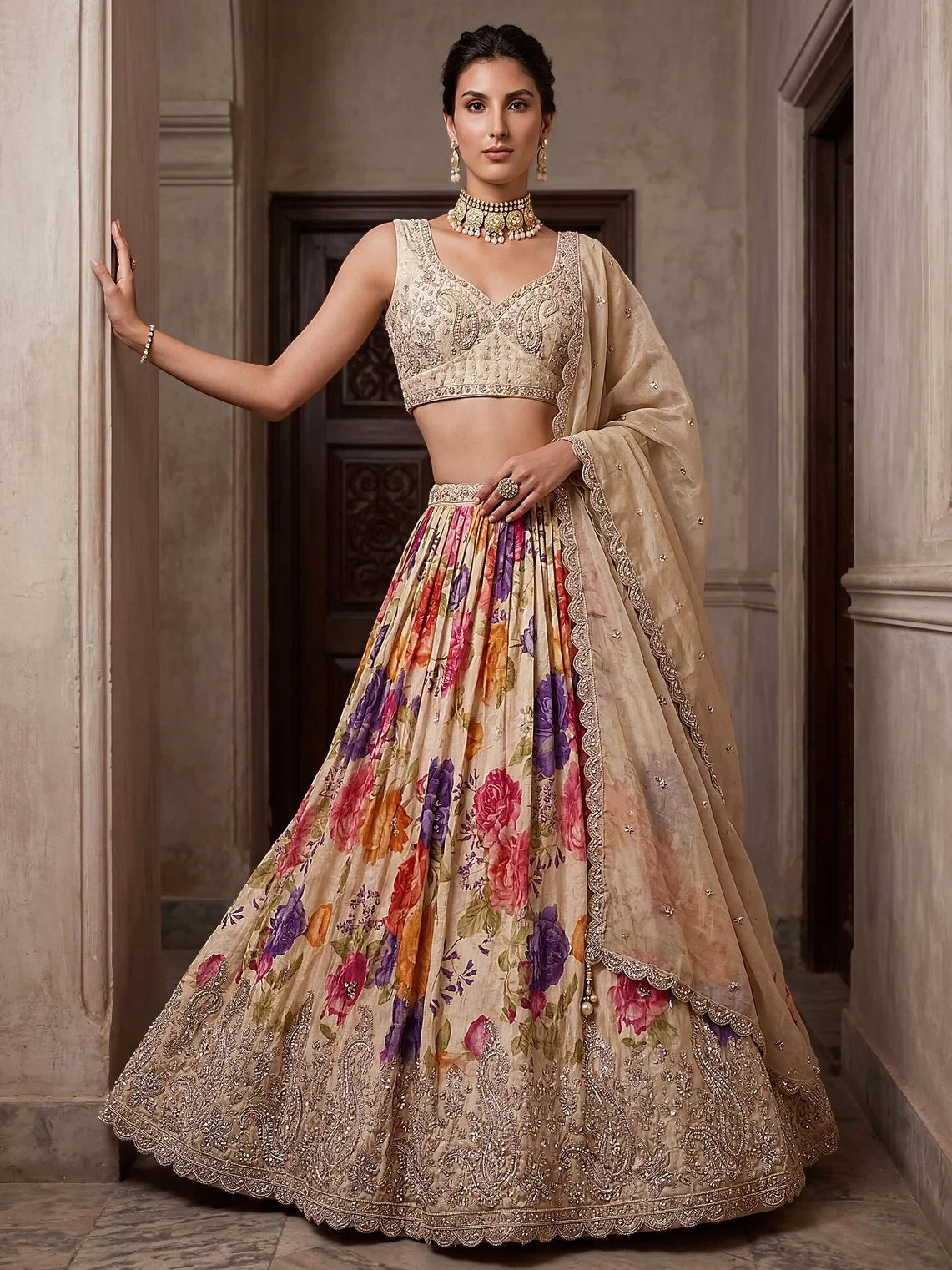 Stunning Cream Floral Printed Wedding Wear Lehenga Choli With Dupatta