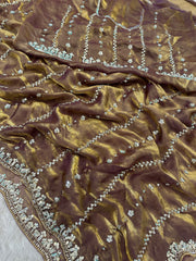 Fantastic Beige Beads Work Satin Reception Wear Saree With Blouse