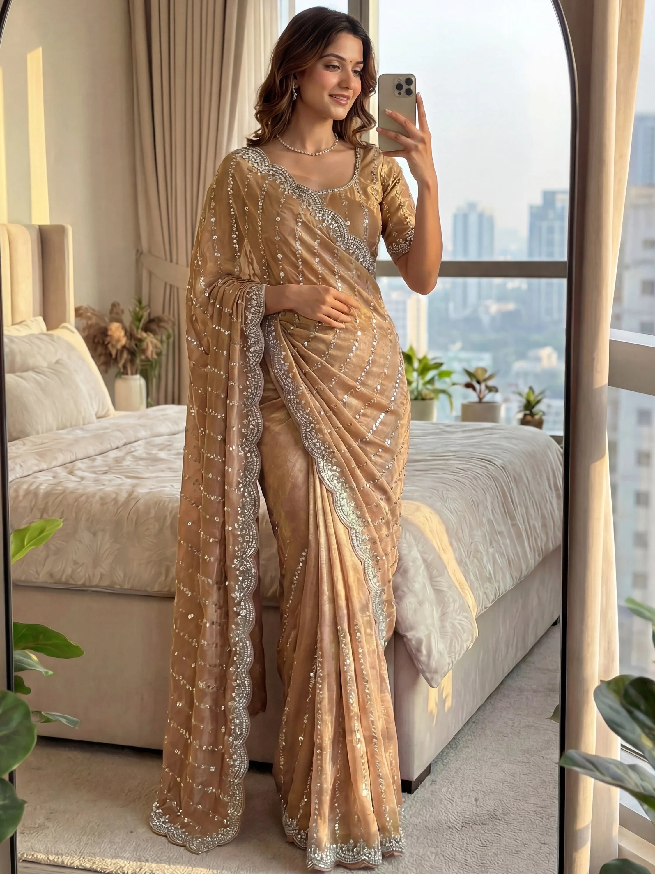 Fantastic Beige Beads Work Satin Reception Wear Saree With Blouse