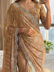 Fantastic Beige Beads Work Satin Reception Wear Saree With Blouse