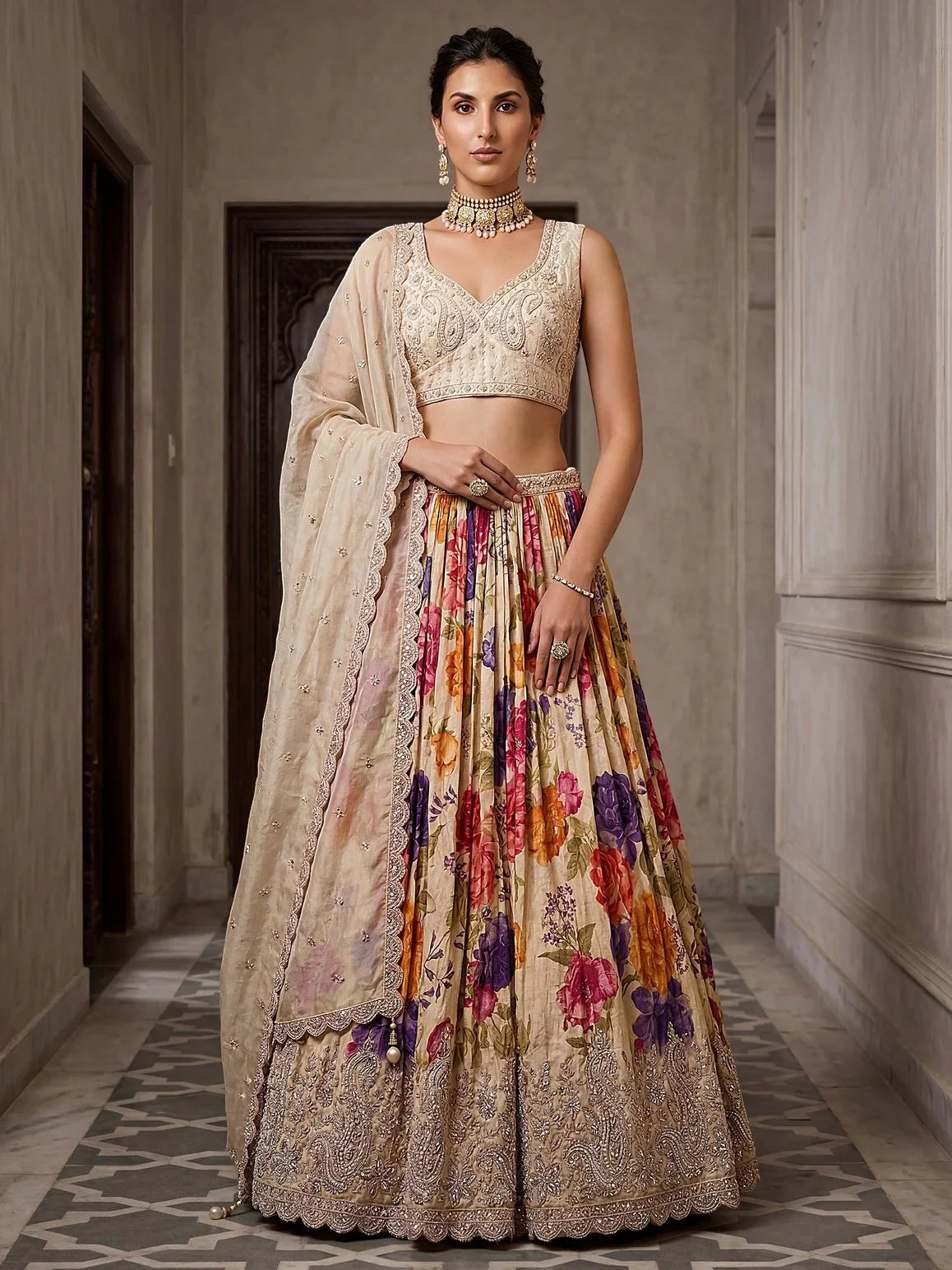 Stunning Cream Floral Printed Wedding Wear Lehenga Choli With Dupatta