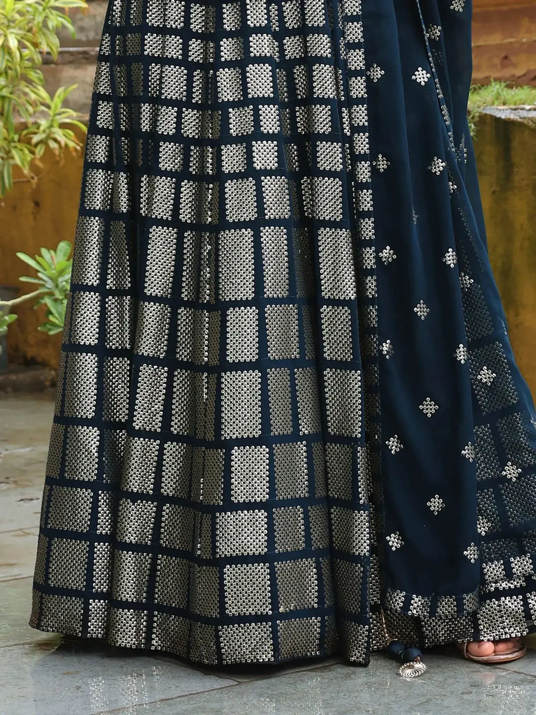 Crushing Teal Blue Embroidered Georgette Event Wear Lehenga Choli - Ethnic Plus In