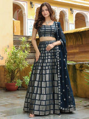Crushing Teal Blue Embroidered Georgette Event Wear Lehenga Choli - Ethnic Plus In