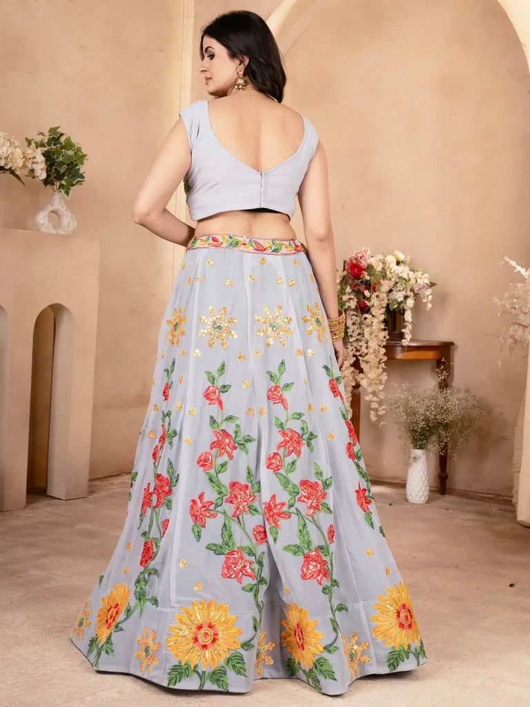 Cute Grey Floral Embroidered Georgette Engagement Wear Lehenga Choli - Ethnic Plus In