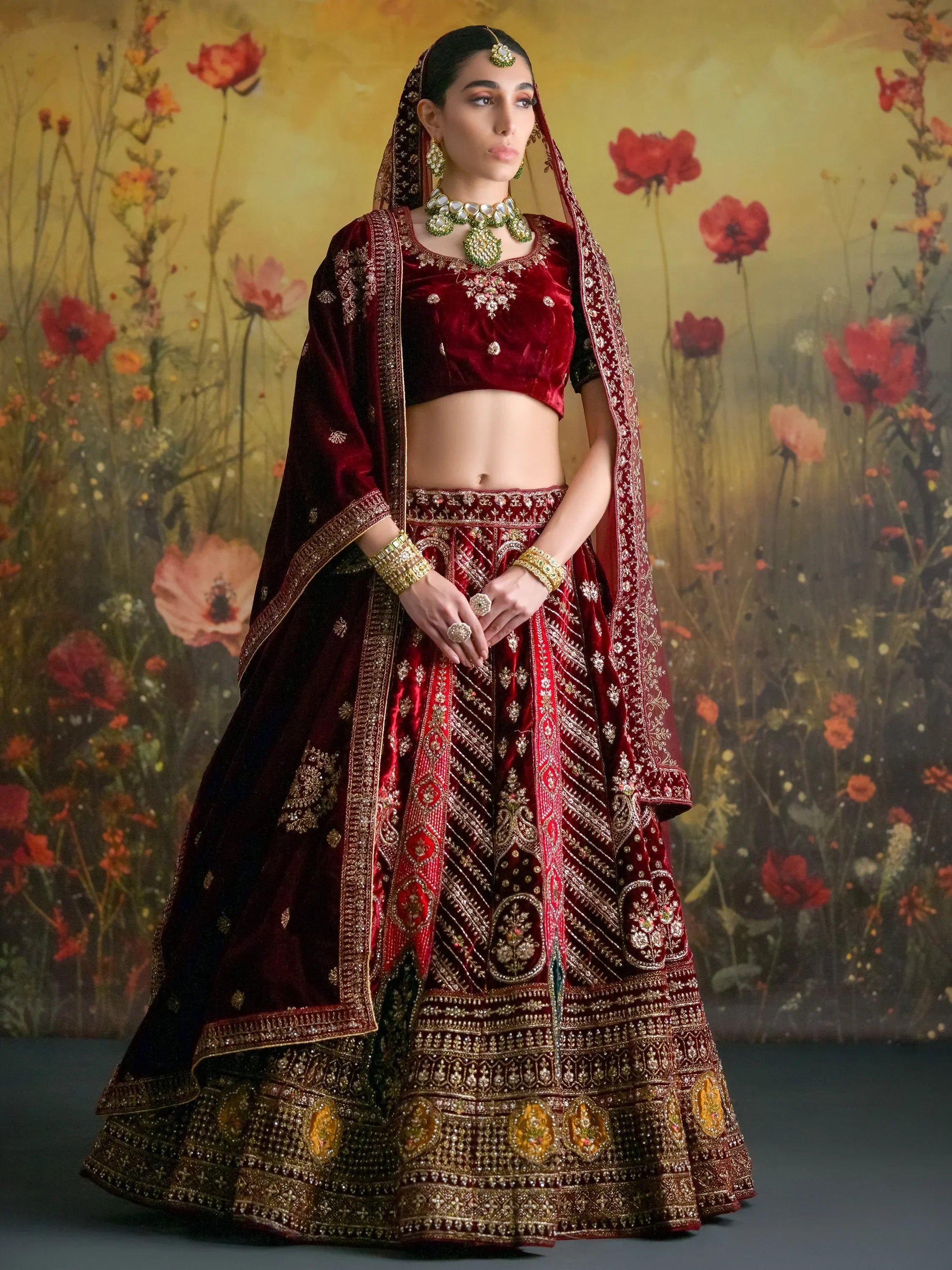 Cute Maroon Velvet Bridal Wear Lehenga Choli With Double Dupatta - Ethnic Plus In