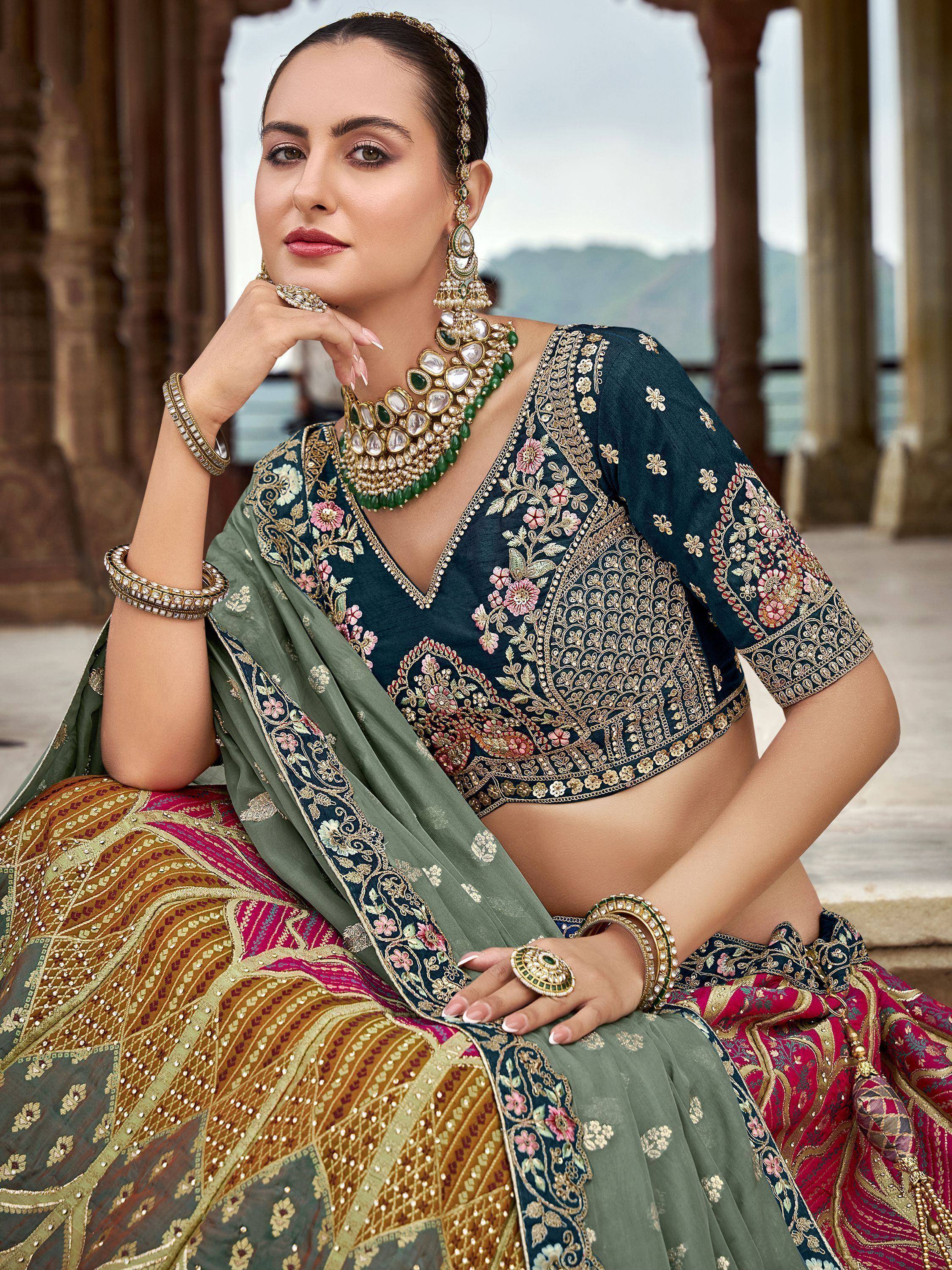 Elegant Indian lehenga choli with floral embroidery, perfect for weddings and festive occasions.
