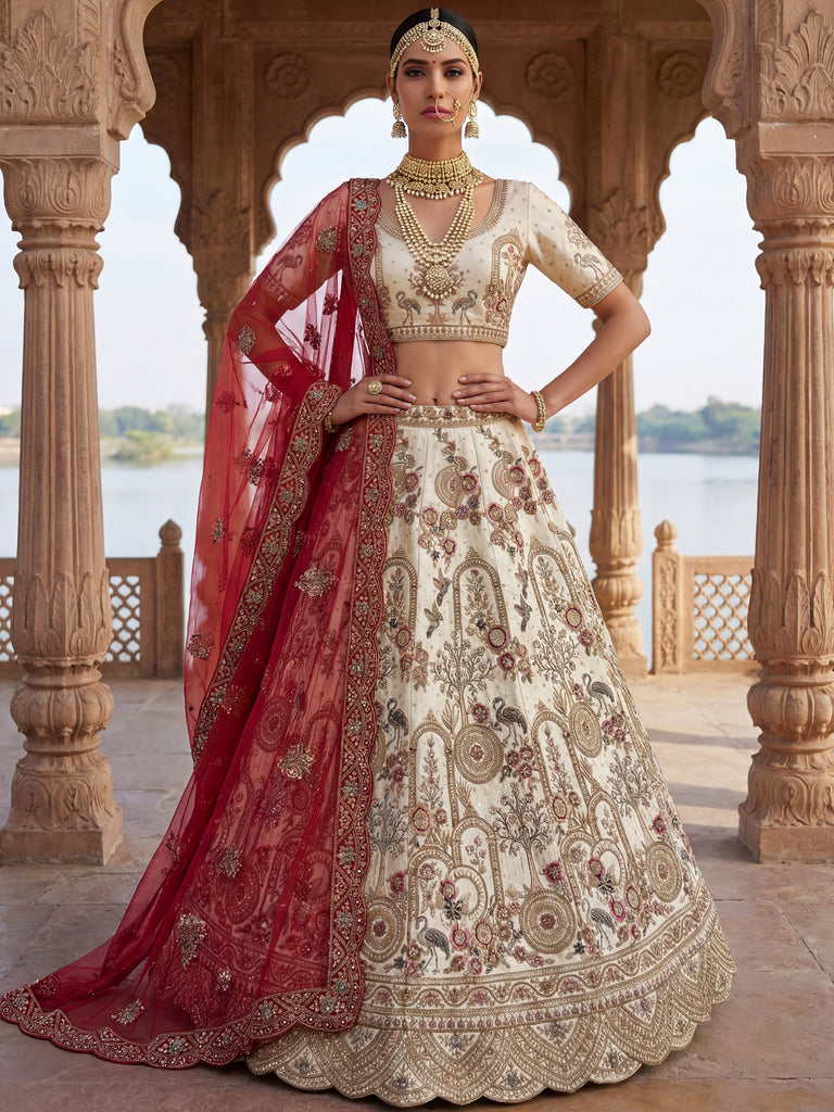 Lovely Off-White Dori Work Silk Bridal Lehenga Choli With Double Dupatta