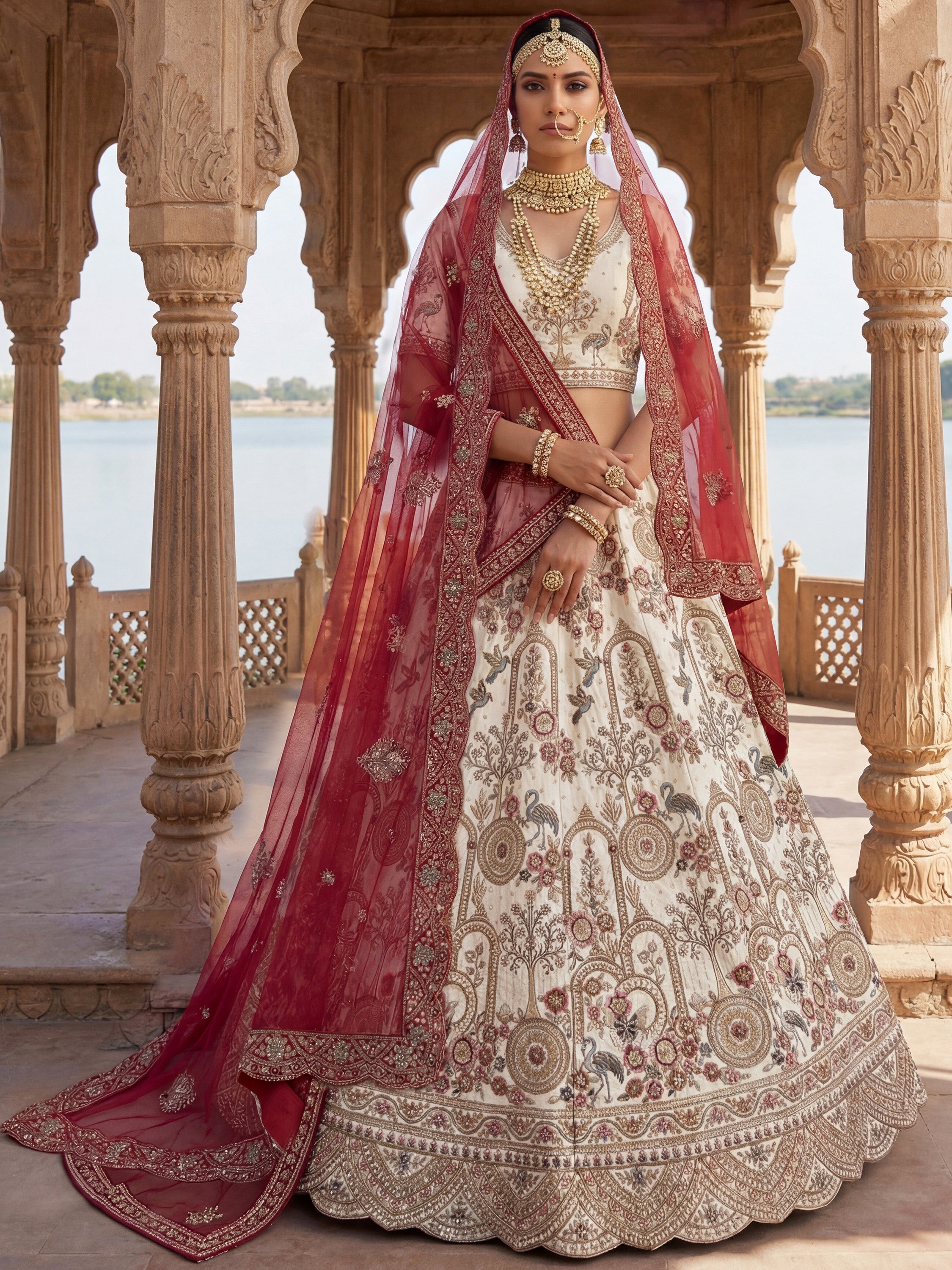 Lovely Off-White Dori Work Silk Bridal Lehenga Choli With Double Dupatta